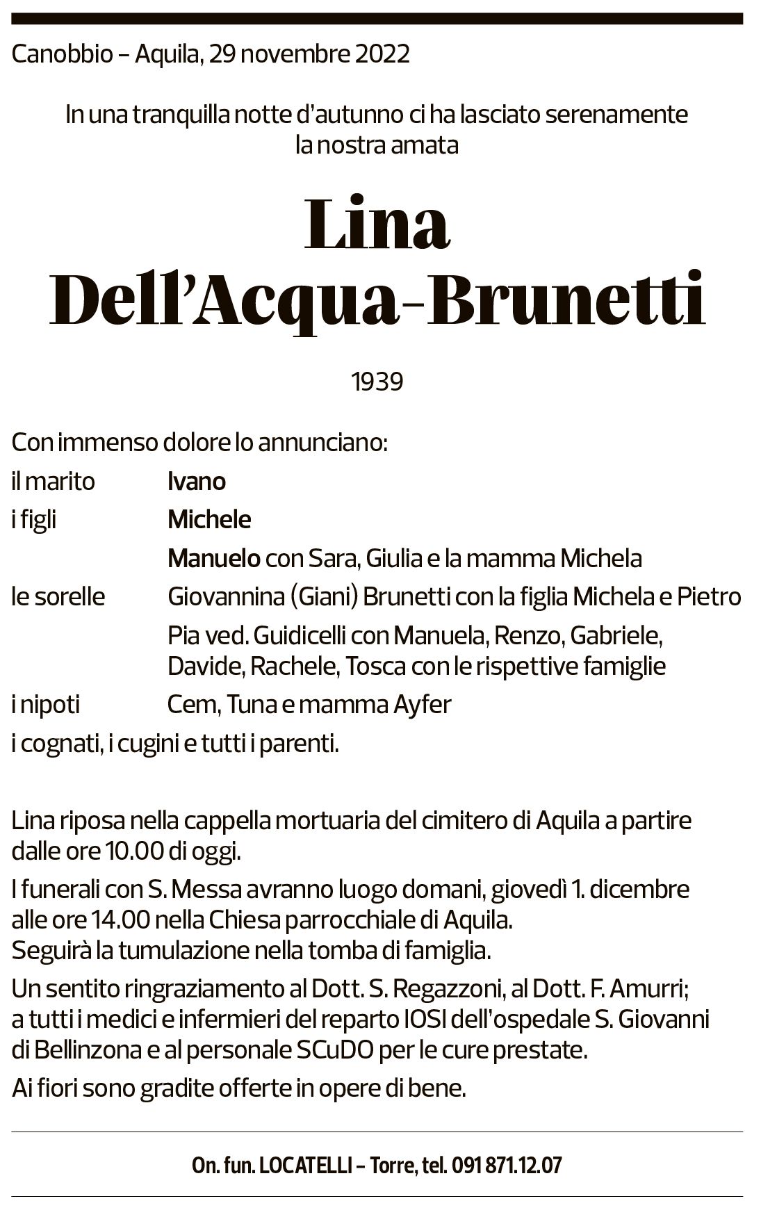 Annuncio funebre Lina Dell'acqua-brunetti