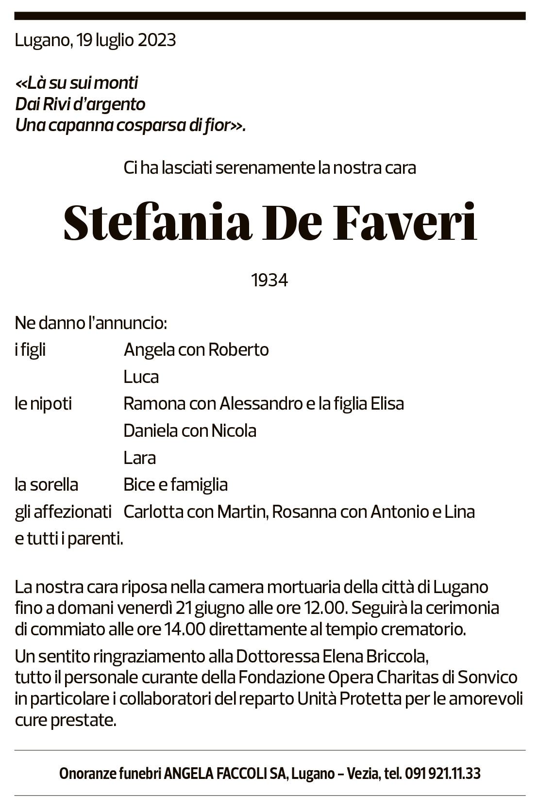 Annuncio funebre Stefania De Faveri