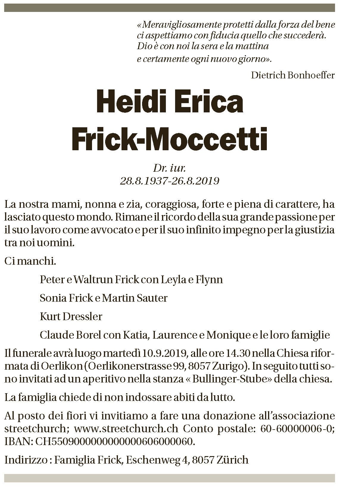 Annuncio funebre Heidi Erica Frick-moccetti