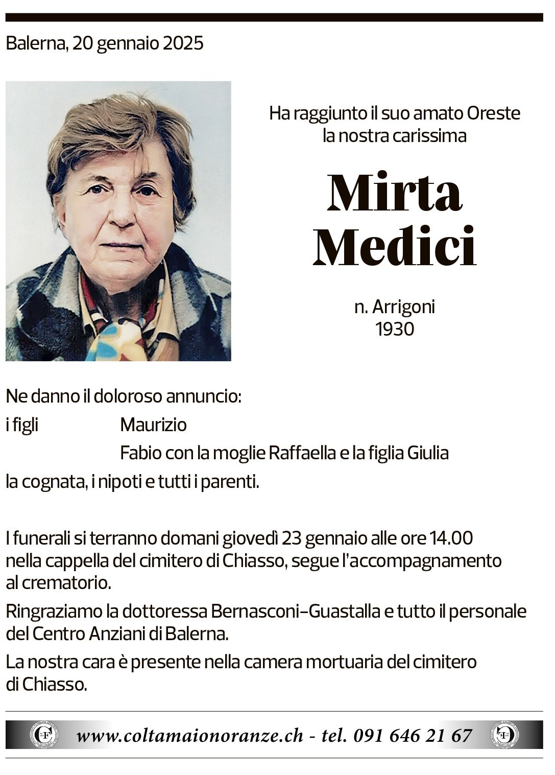 Annuncio funebre Mirta Medici