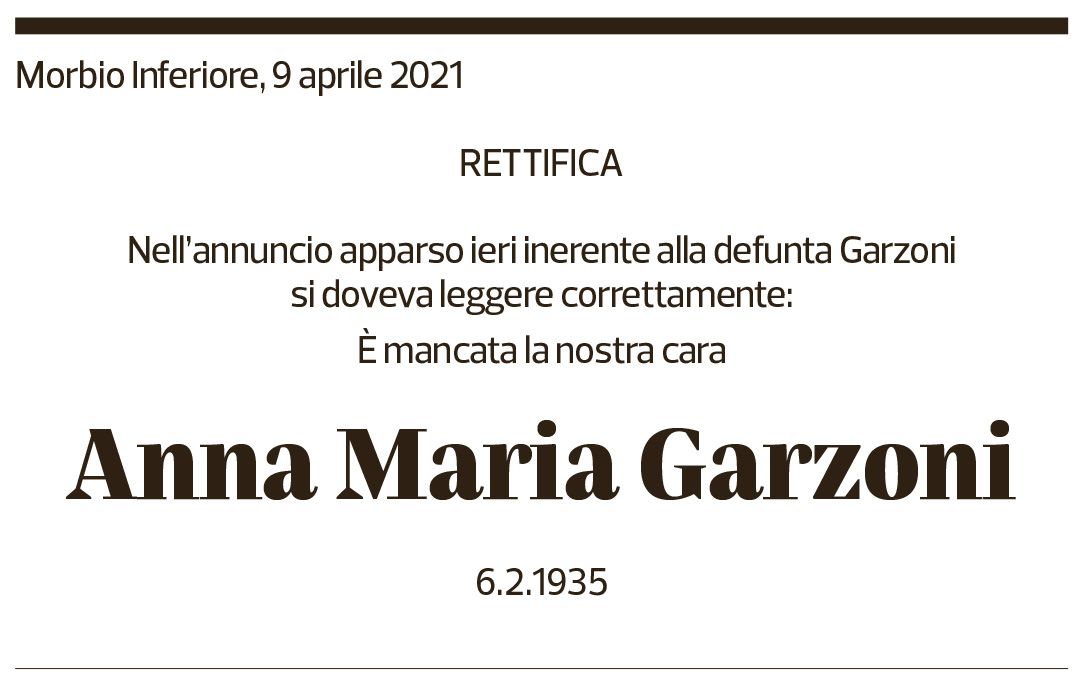 Annuncio funebre Anna Maria Garzoni