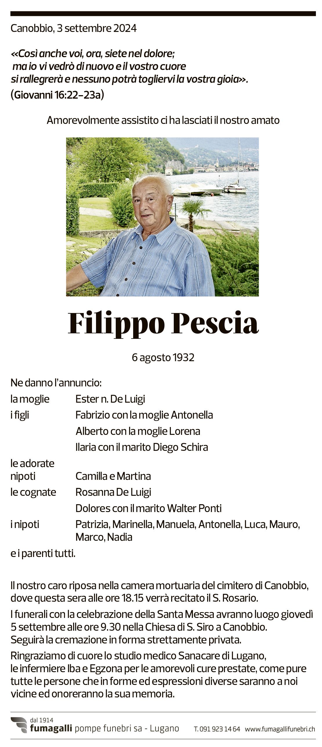 Annuncio funebre Filippo Pescia