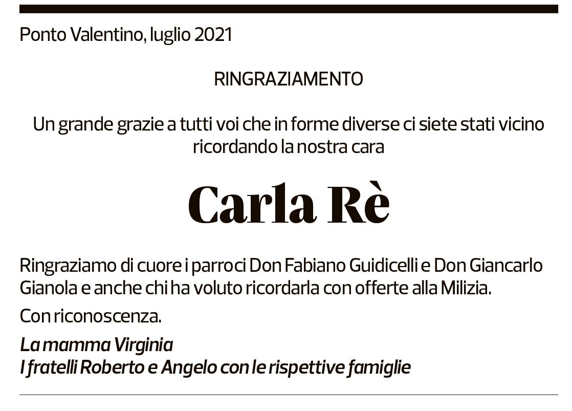 Annuncio funebre Carla Rè