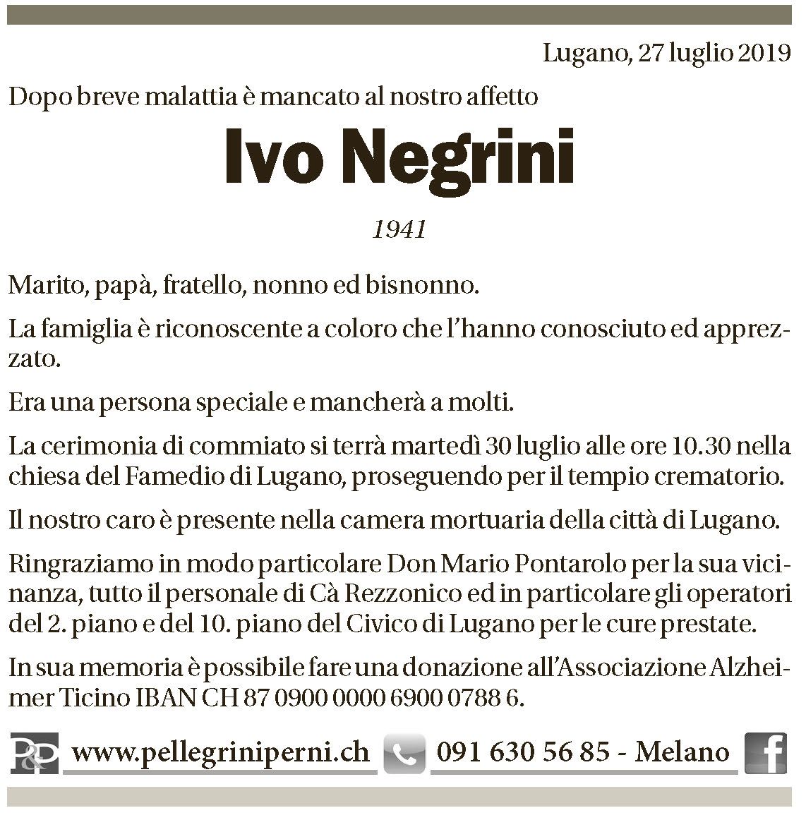 Annuncio funebre Ivo Negrini