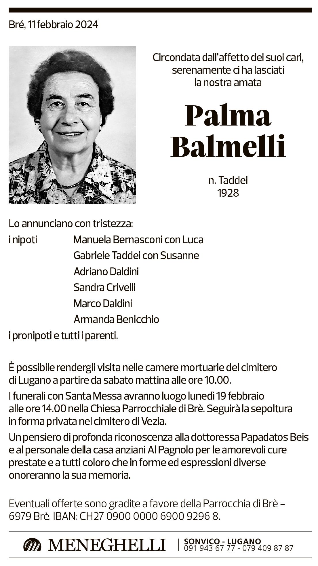 Annuncio funebre Palma Balmelli