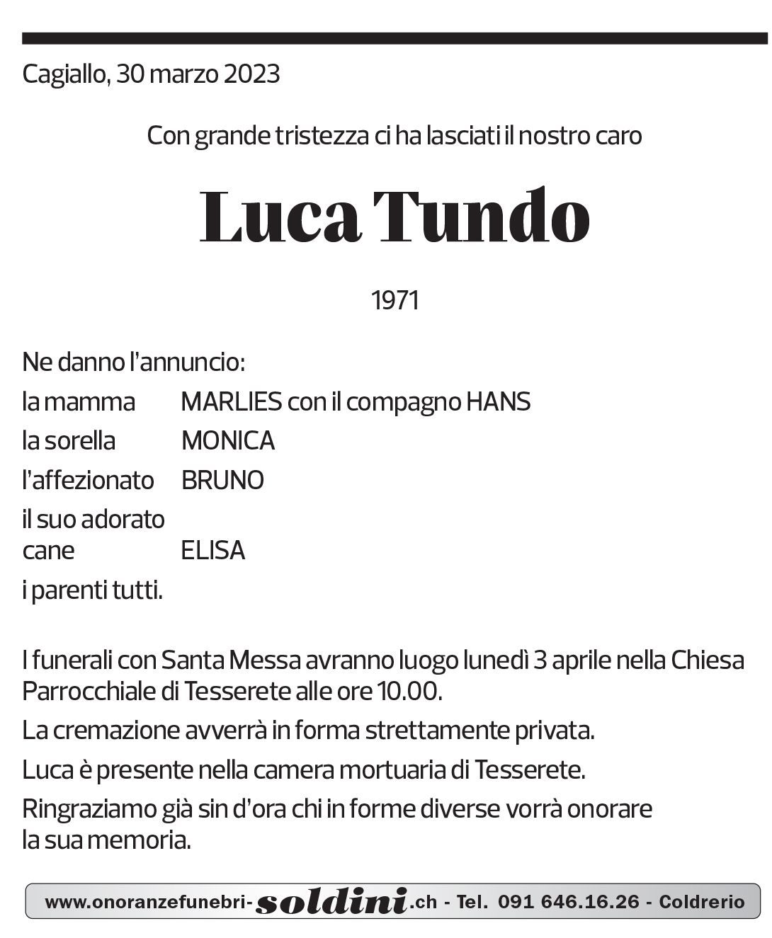 Annuncio funebre Luca Tundo