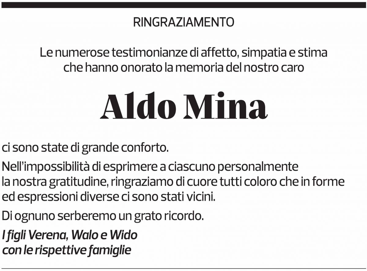 Annuncio funebre Aldo Mina