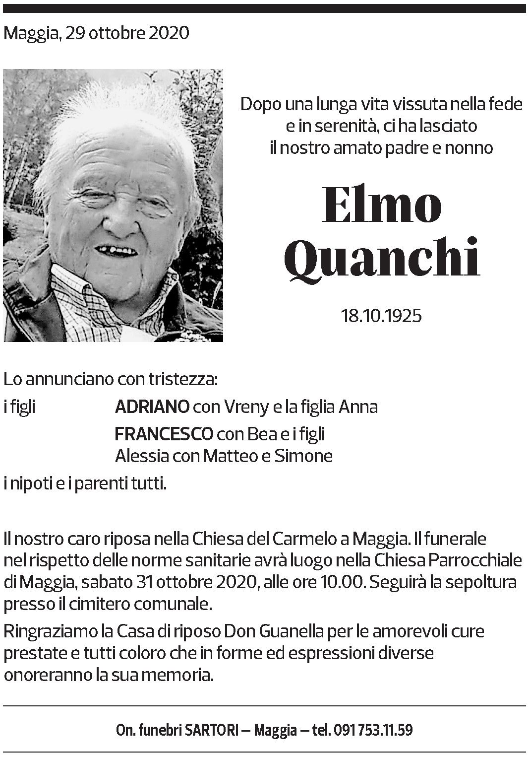 Annuncio funebre Elmo Quanchi