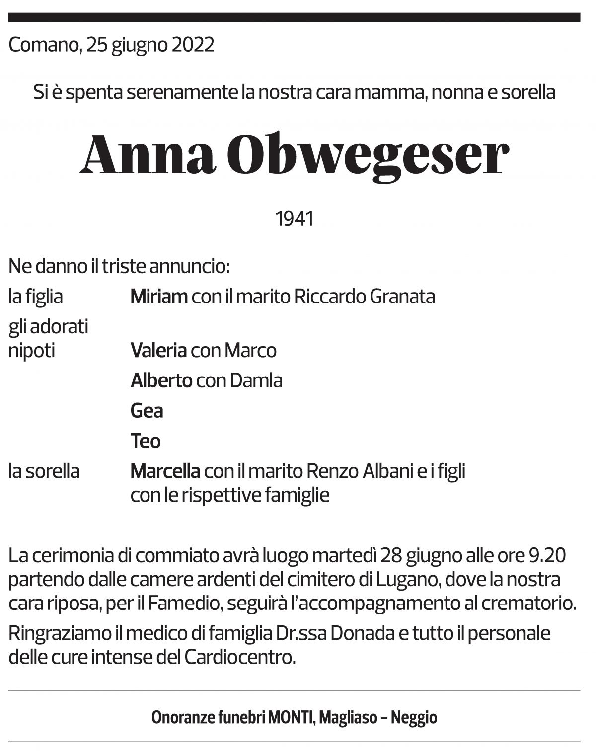 Annuncio funebre Anna Obwegeser