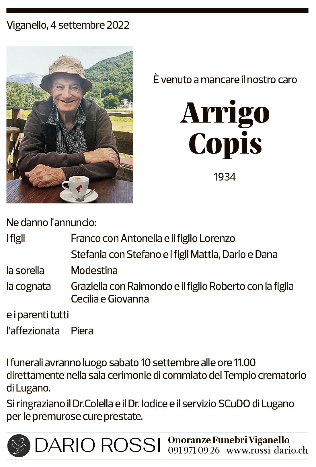 Annuncio funebre Arrigo Copis