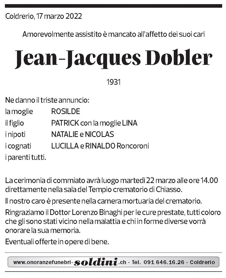 Annuncio funebre Jean-jacques Dobler