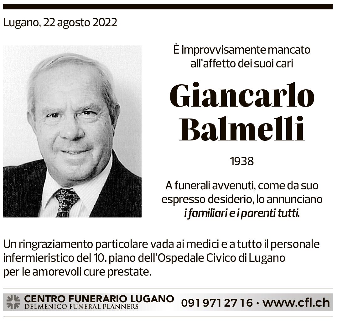 Annuncio funebre Giancarlo Balmelli