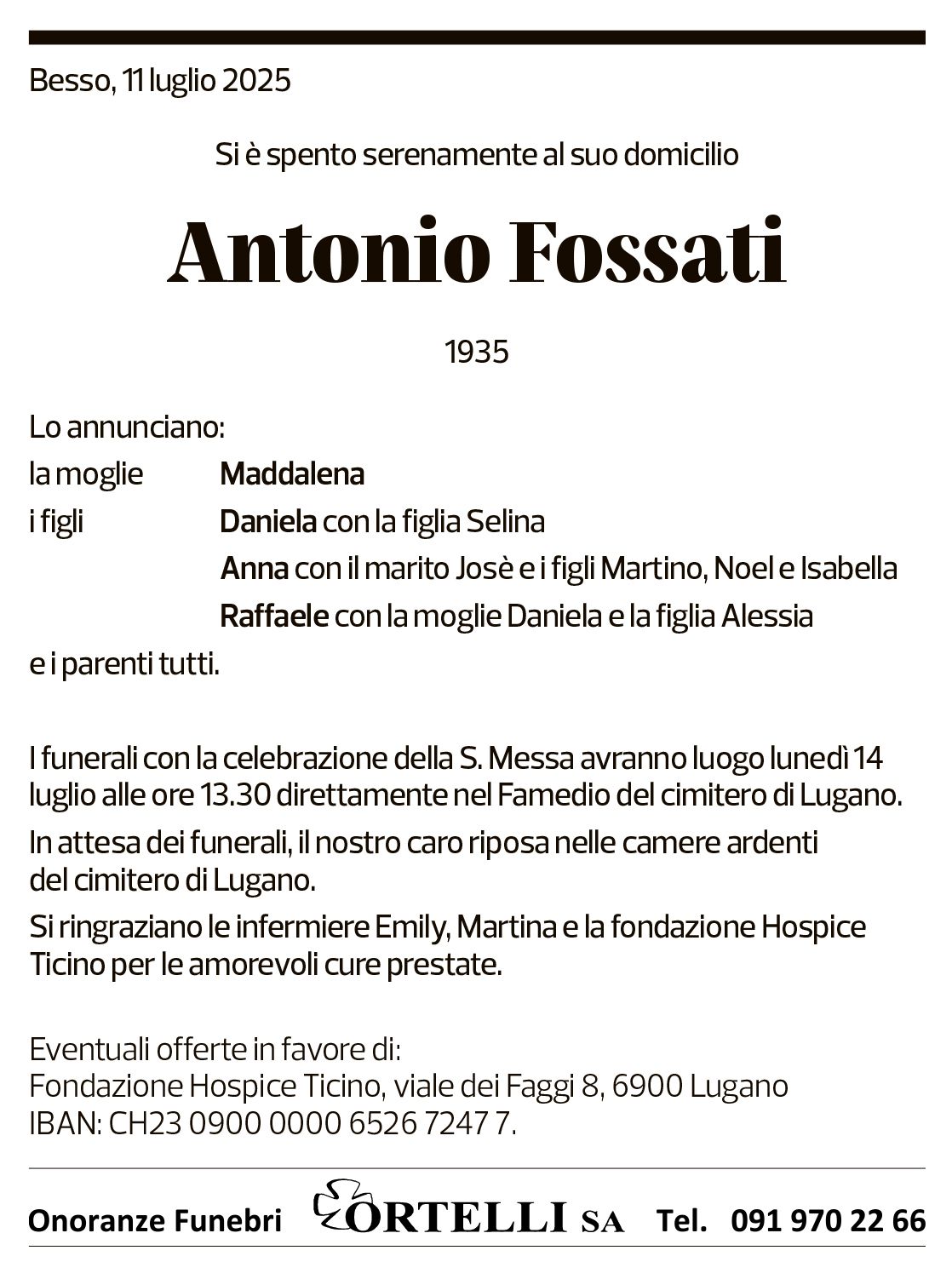 Annuncio funebre Antonio Fossati
