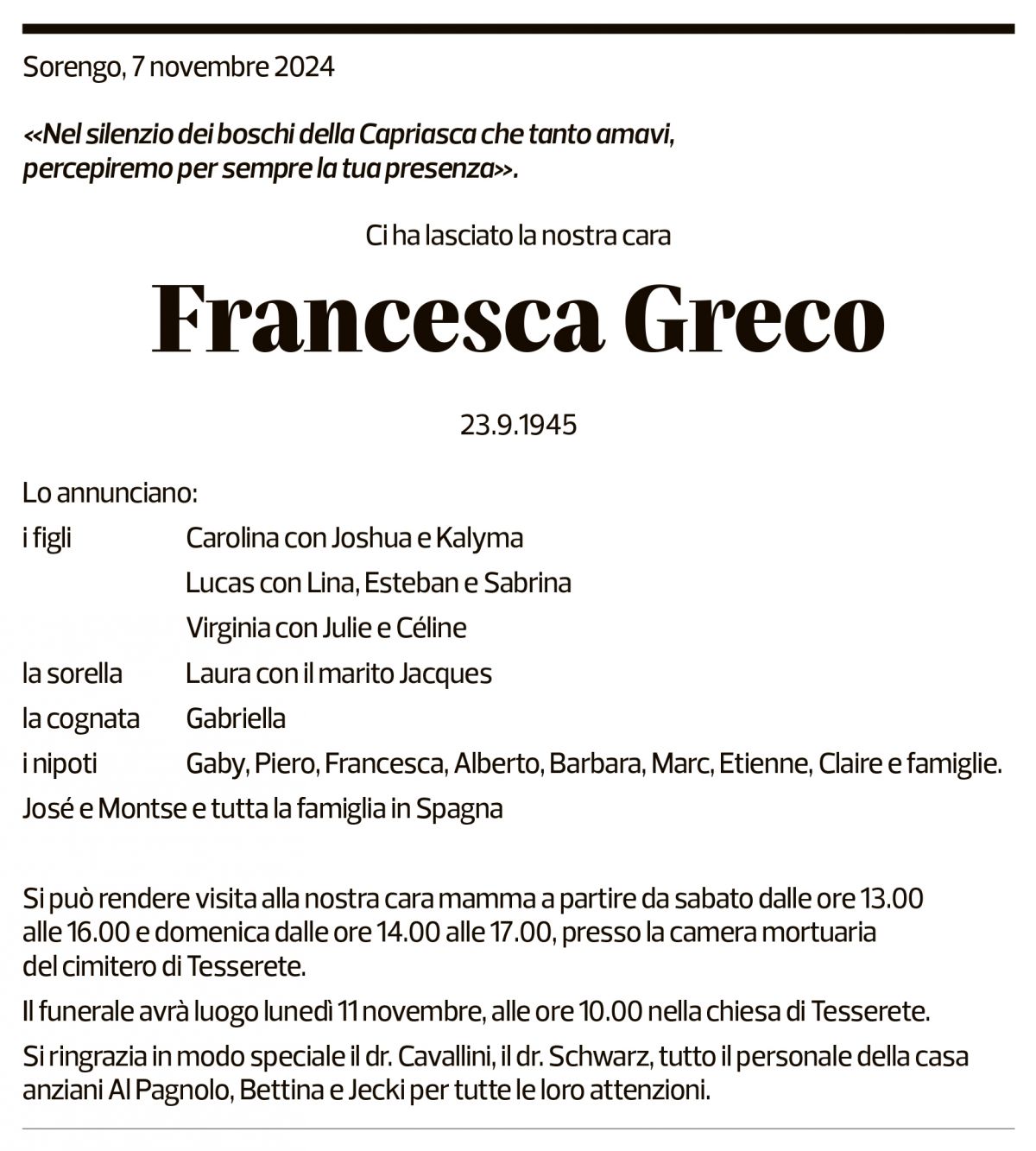 Annuncio funebre Francesca Greco