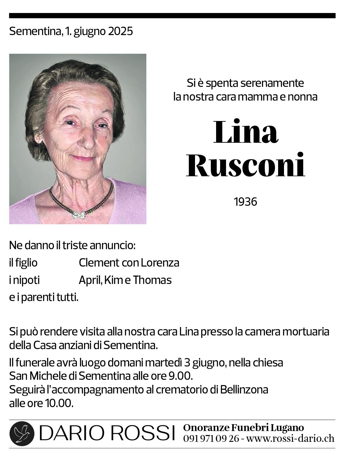 Annuncio funebre Lina Rusconi