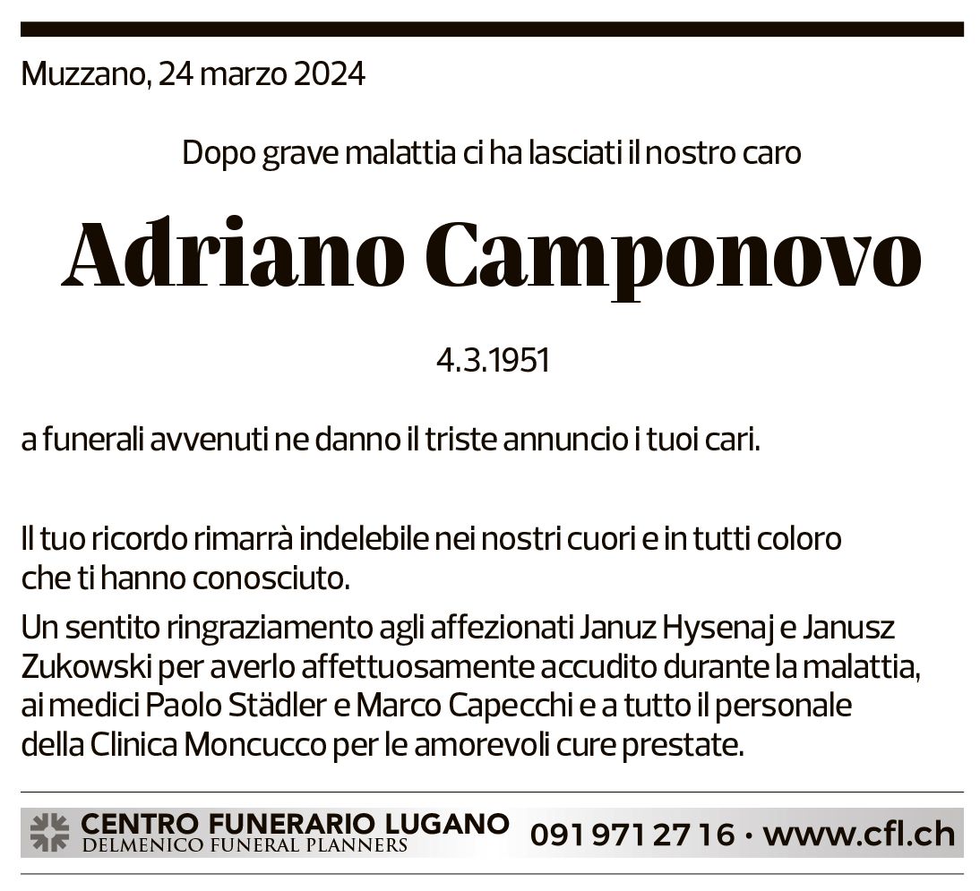 Annuncio funebre Adriano Camponovo