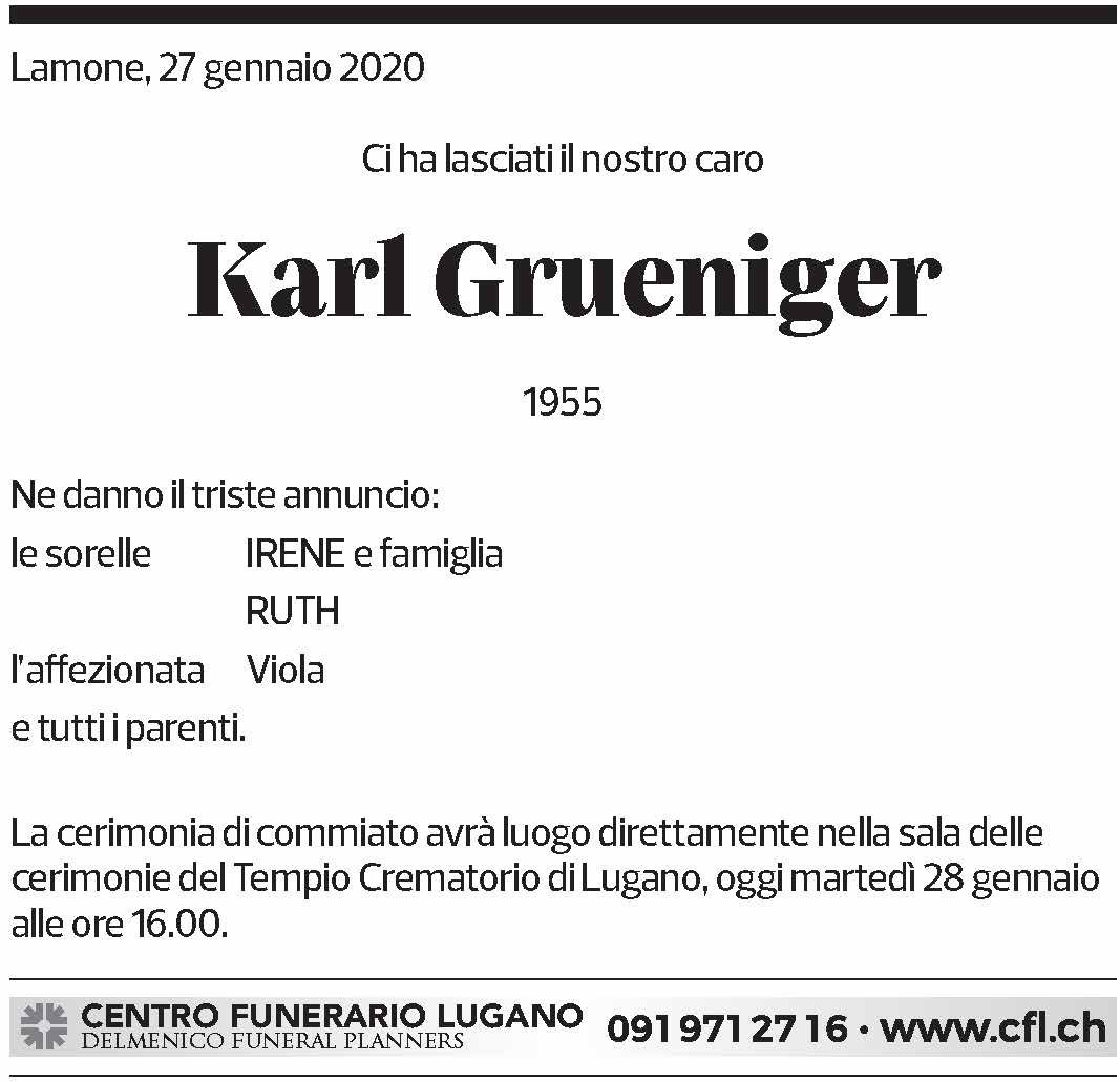 Annuncio funebre Karl Grueniger