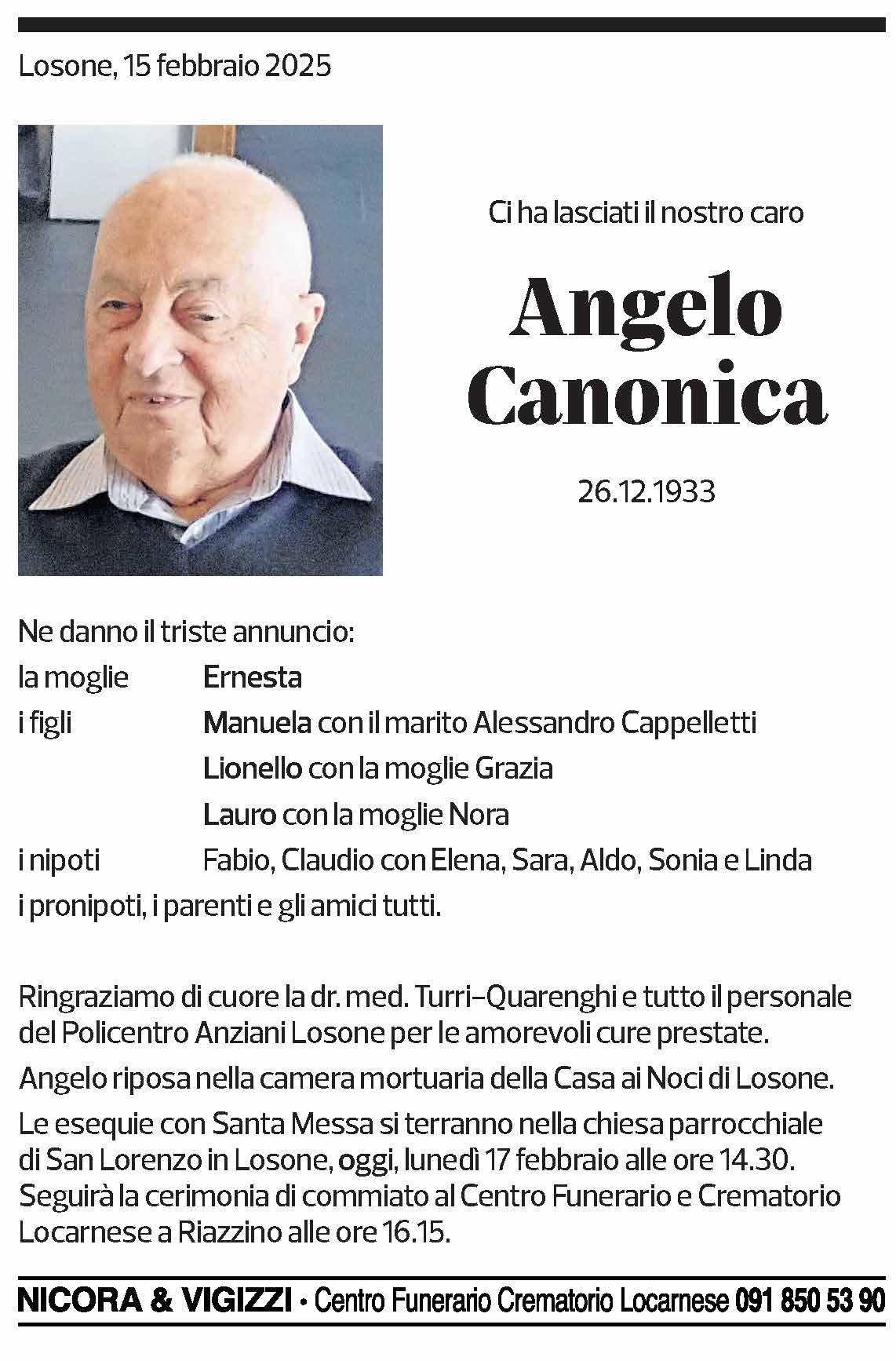 Annuncio funebre Angelo Canonica