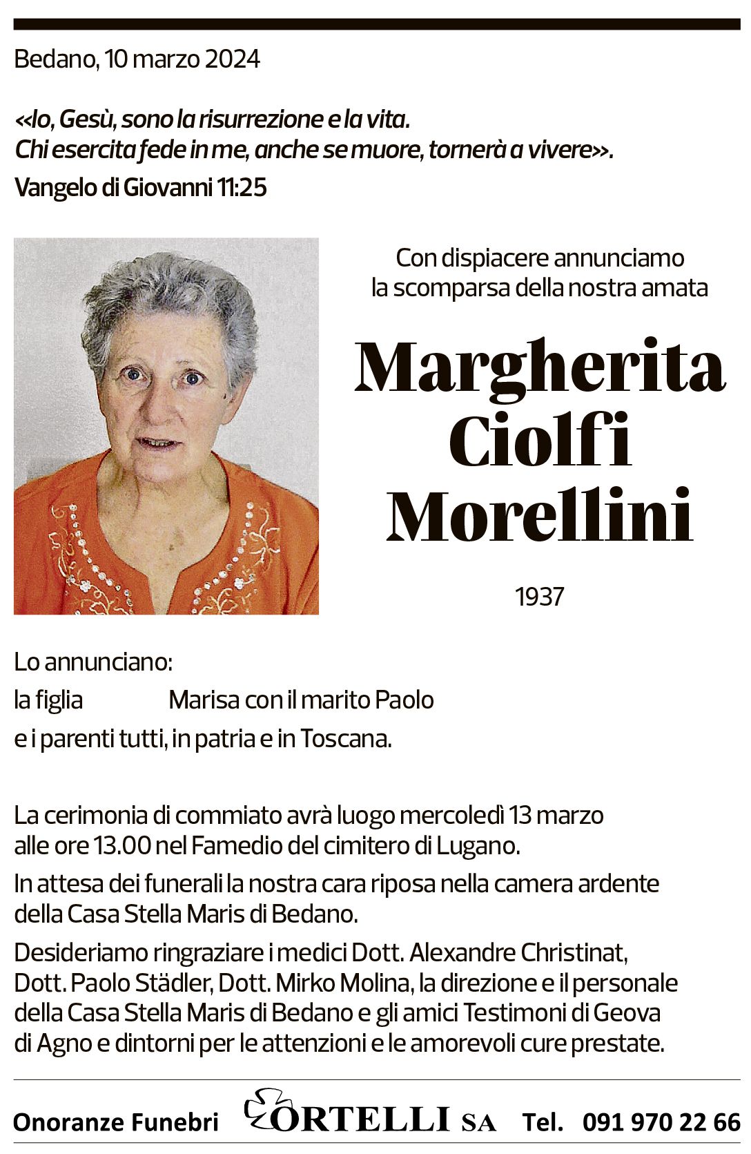 Annuncio funebre Margherita Ciolfi Morellini