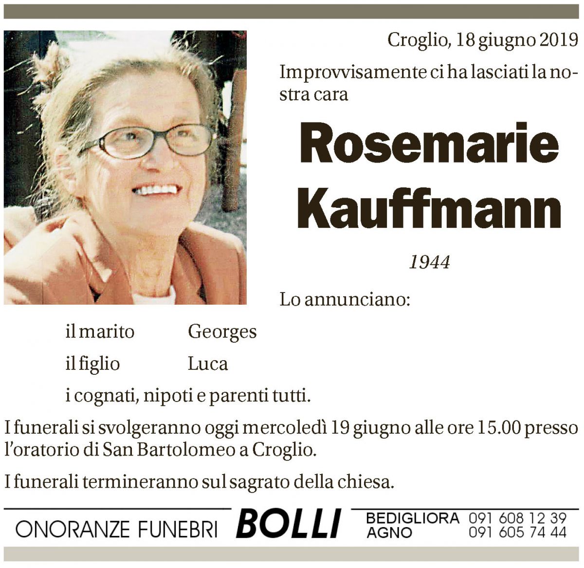 Annuncio funebre Rosemarie Kauffmann
