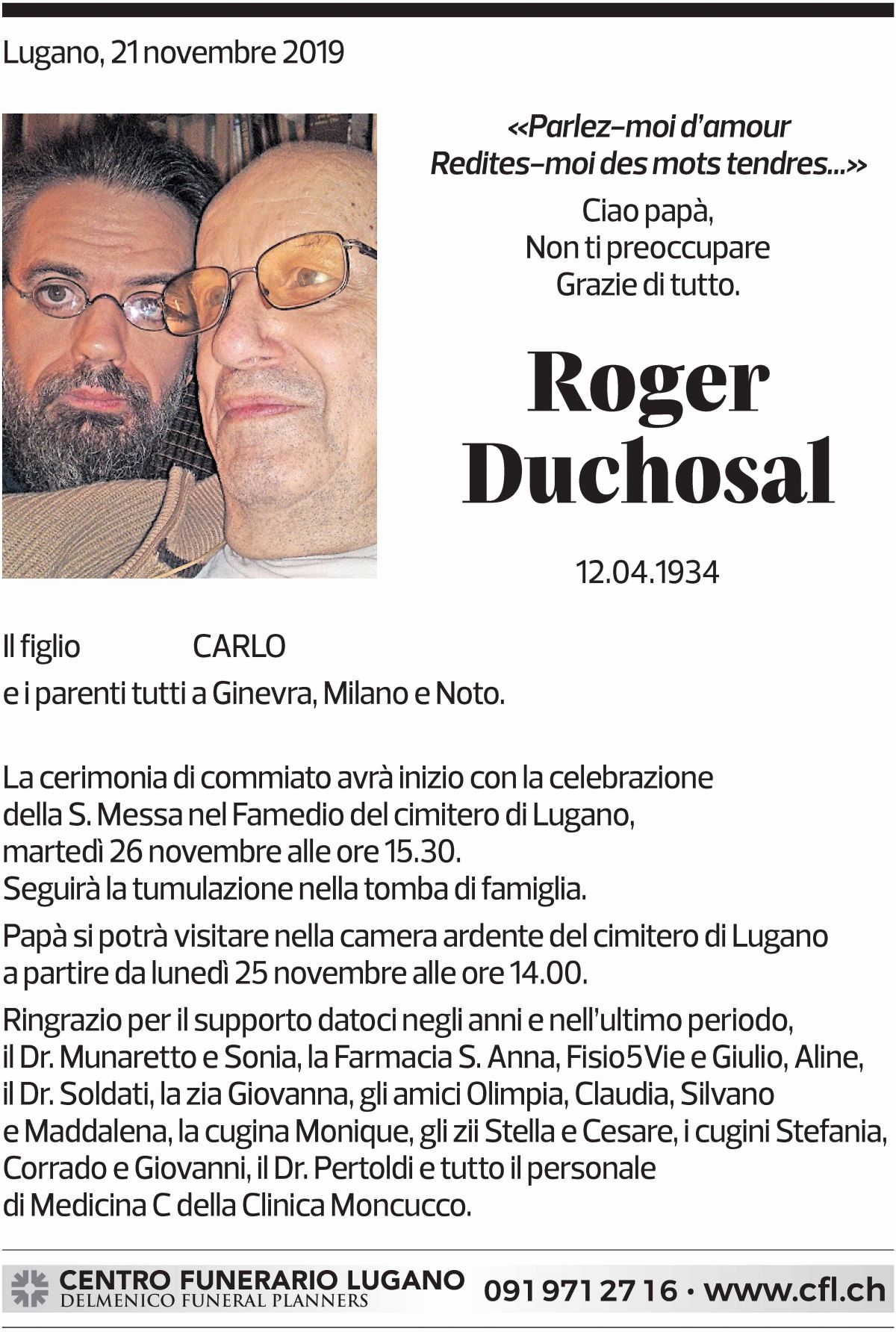 Annuncio funebre Roger Duchosal