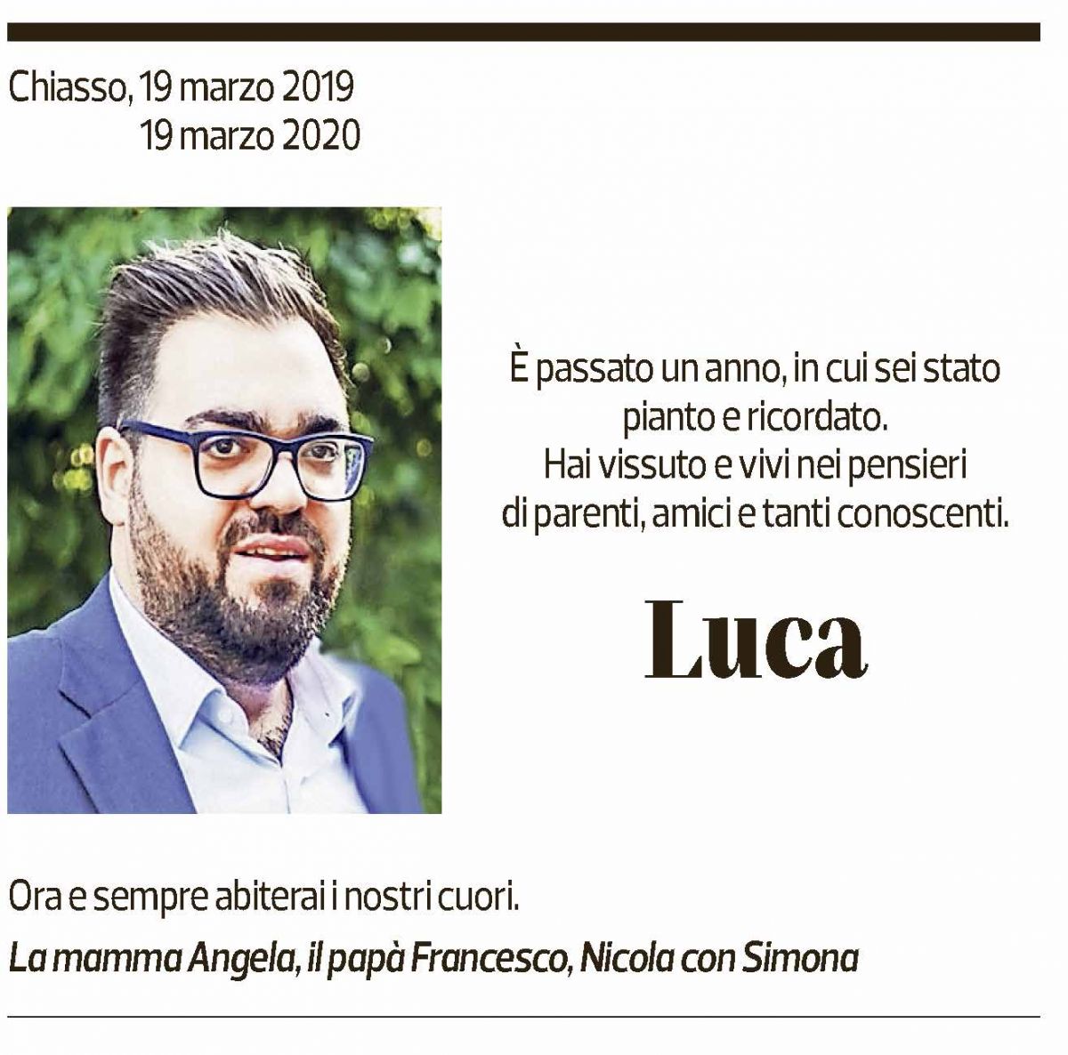 Annuncio funebre Luca Santoro