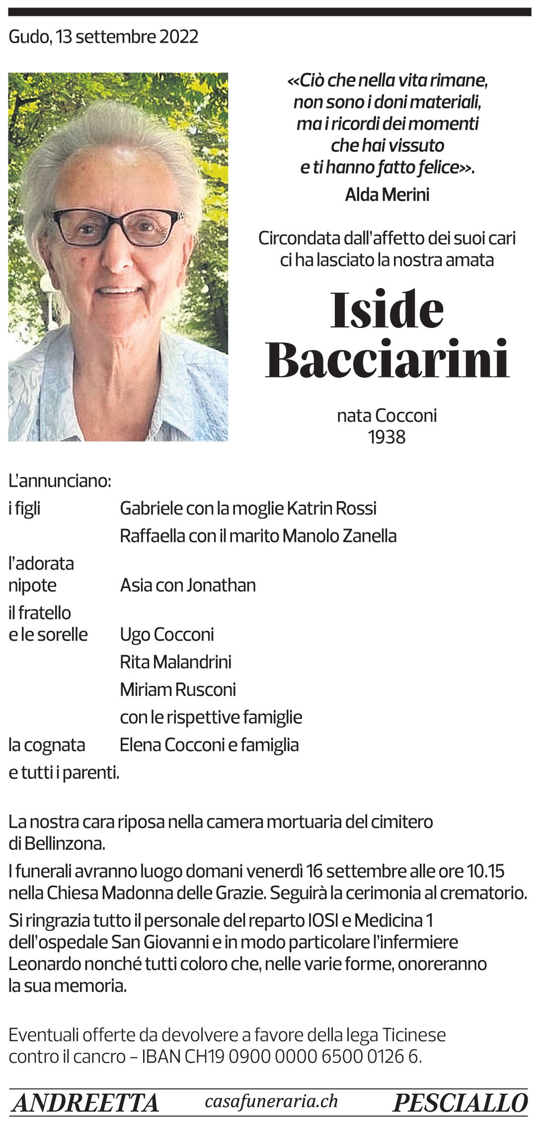 Annuncio funebre Iside Bacciarini