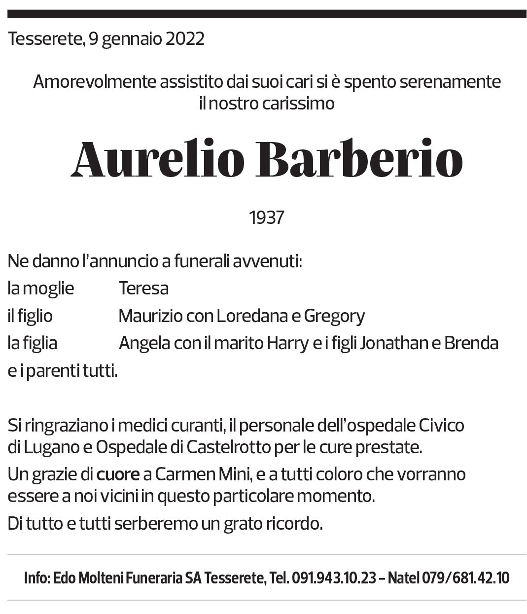 Annuncio funebre Aurelio Barberio