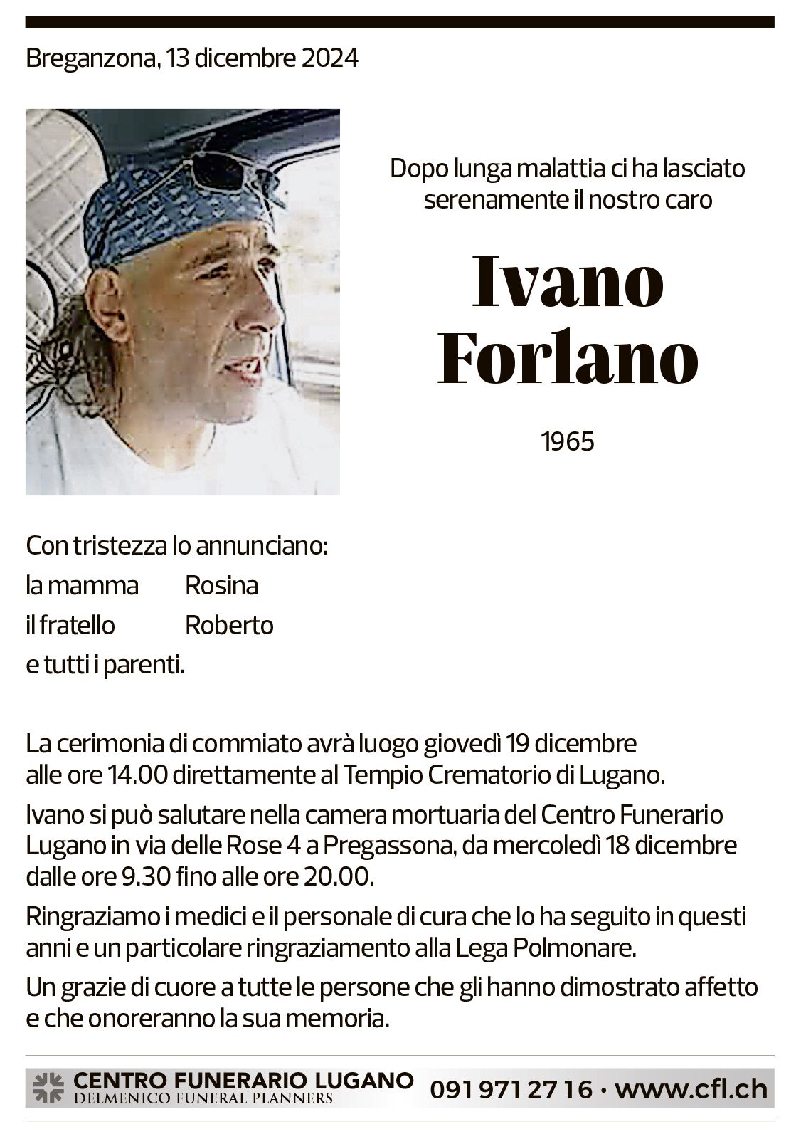 Annuncio funebre Ivano Forlano