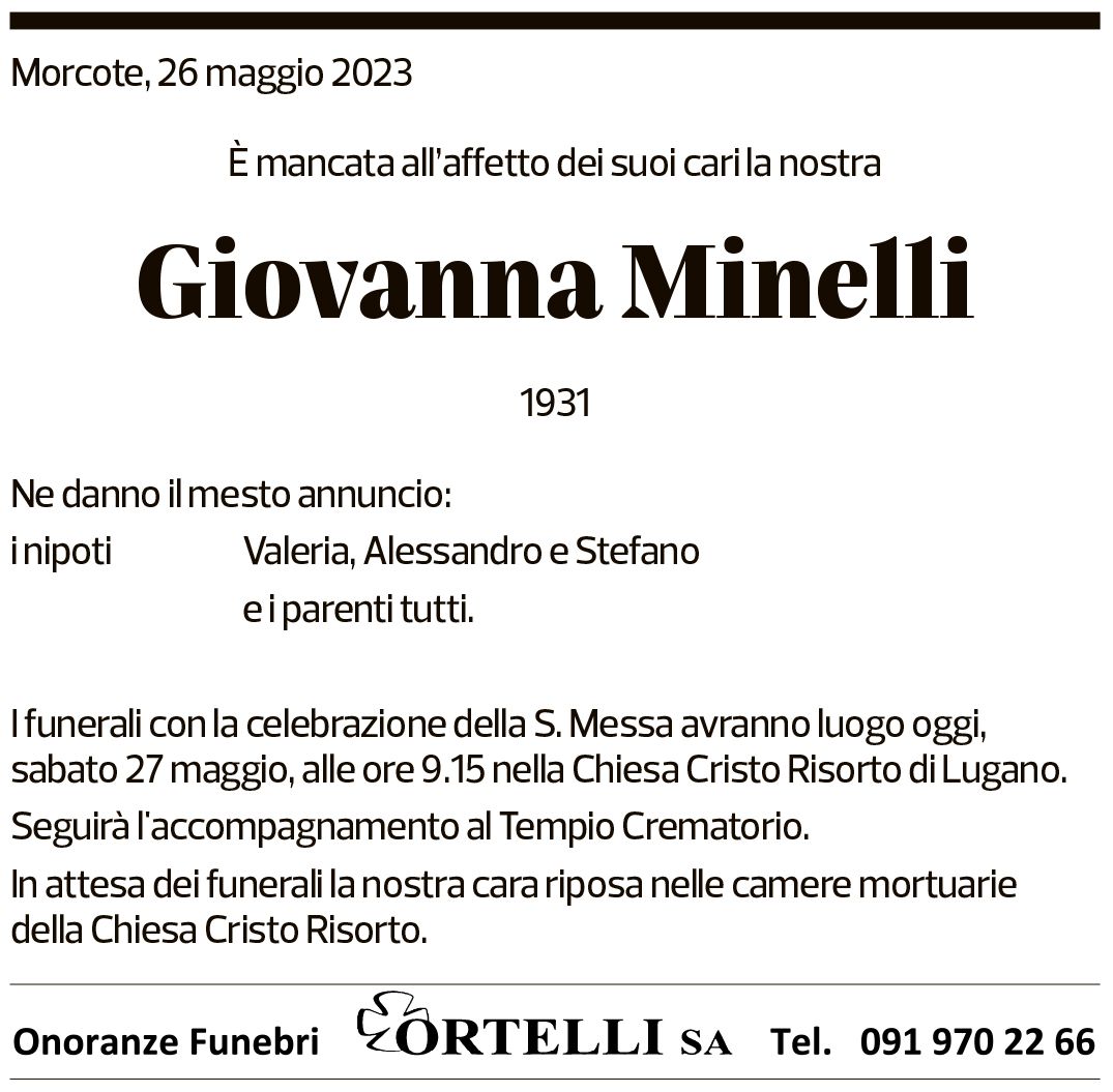 Annuncio funebre Giovanna Minelli