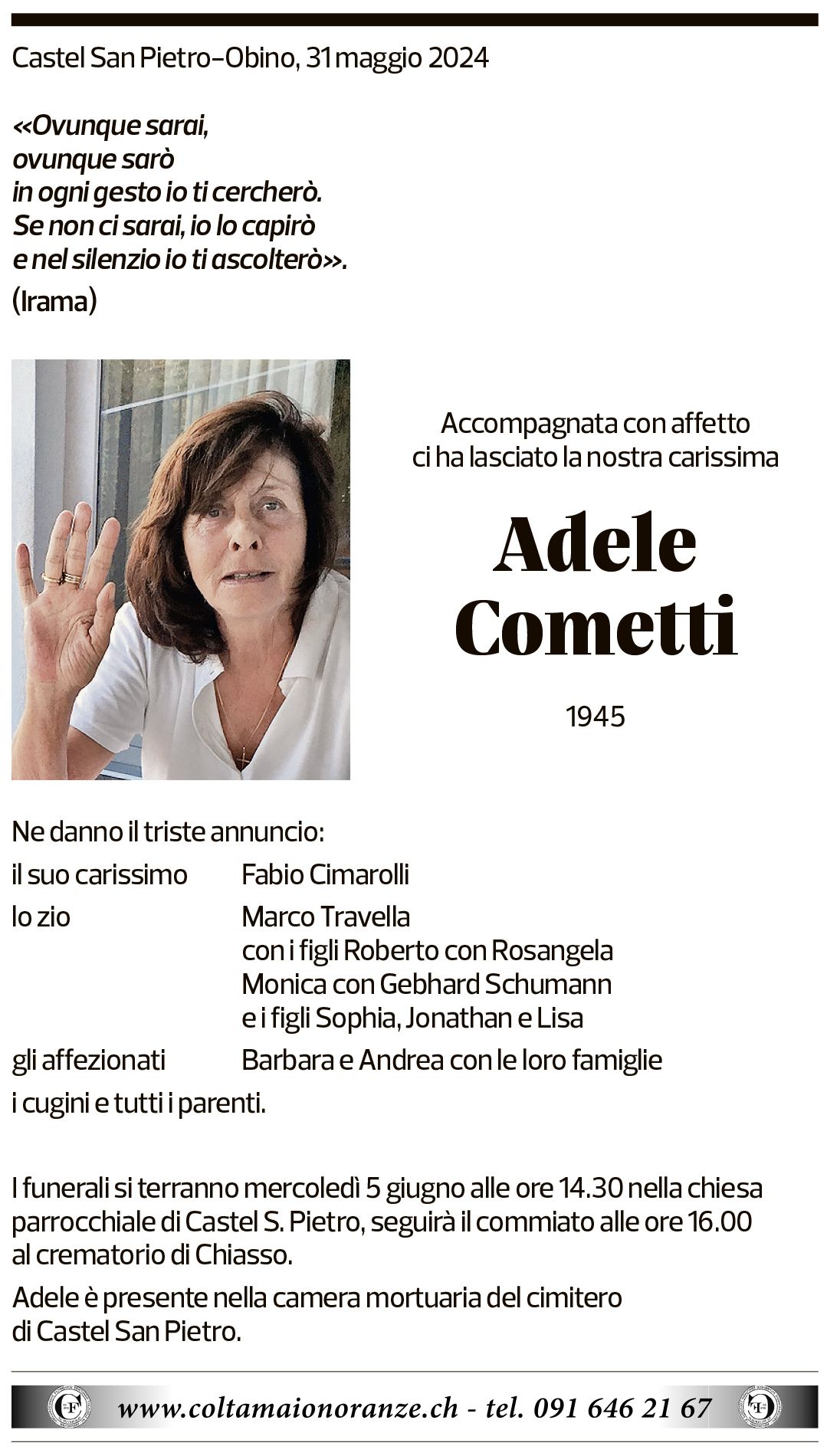 Annuncio funebre Adele Cometti