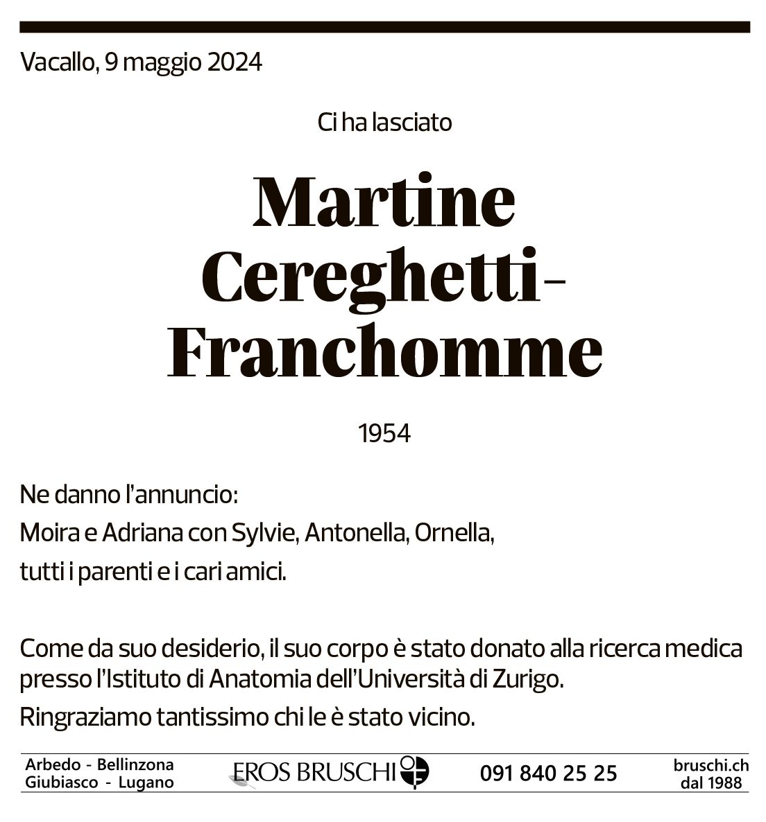 Annuncio funebre Martine Cereghetti-franchomme