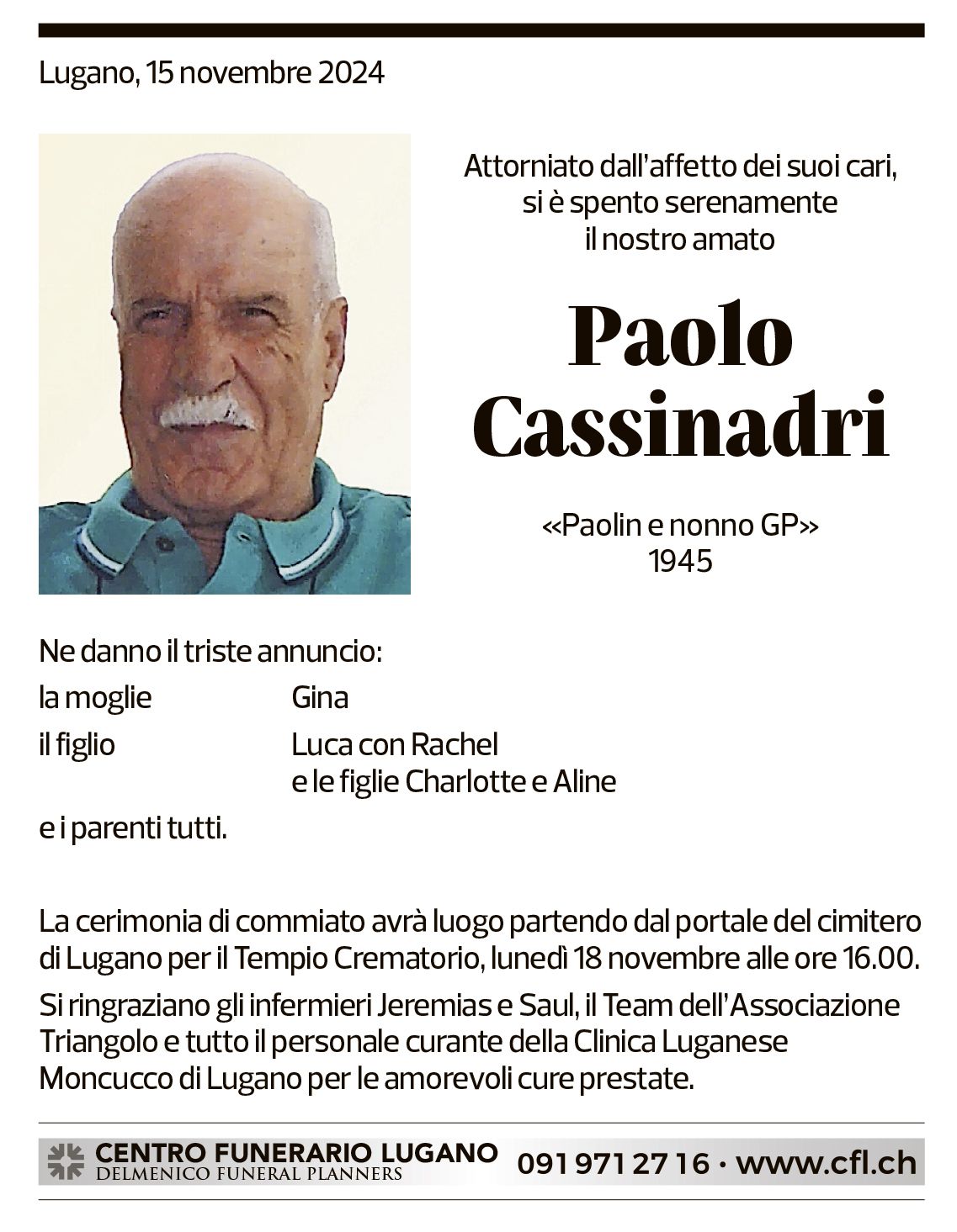 Annuncio funebre Paolo Cassinadri