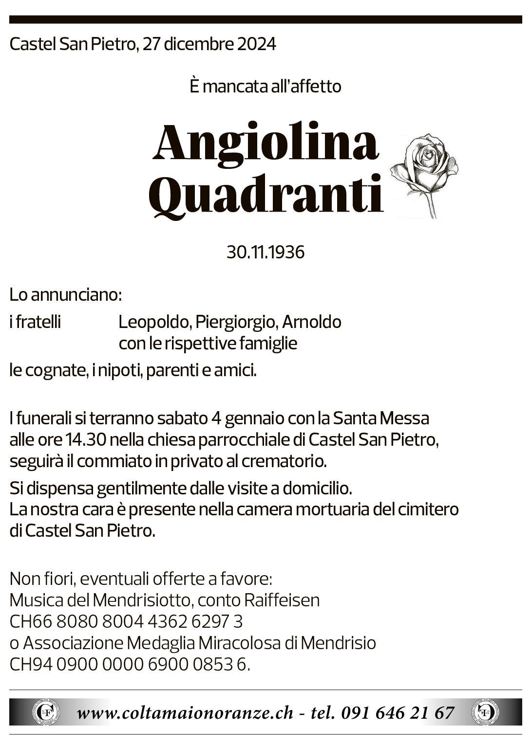 Annuncio funebre Angiolina Quadranti