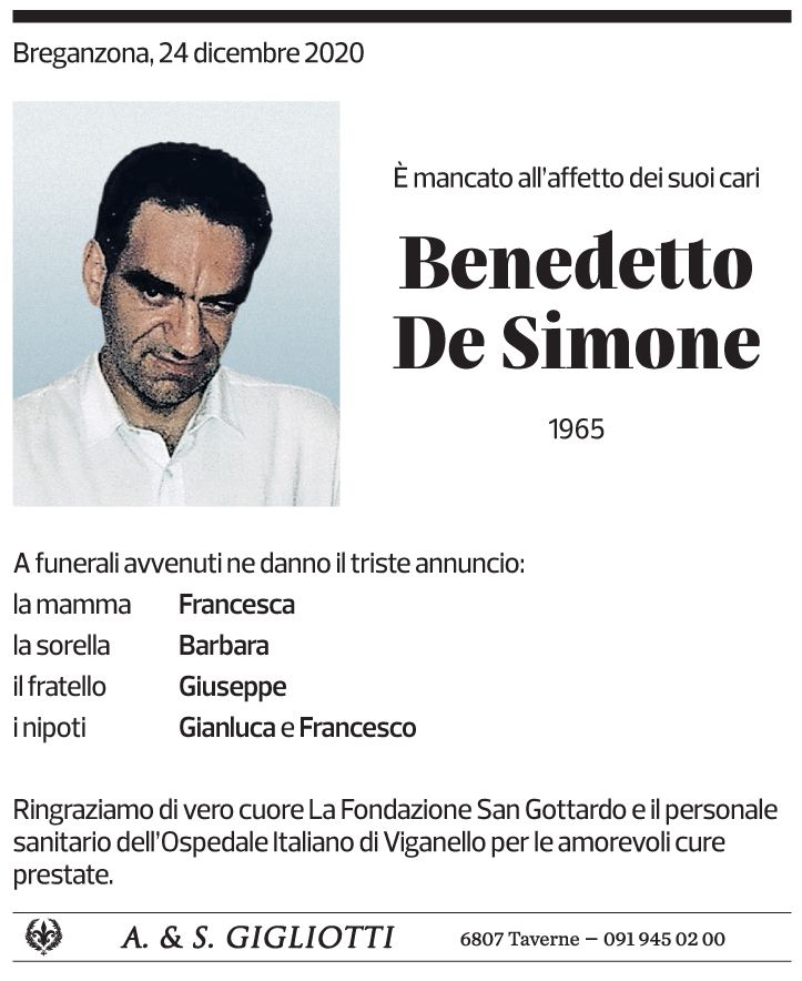 Annuncio funebre Benedetto De Simone