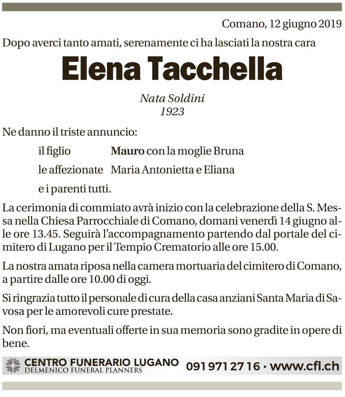 Annuncio funebre Elena Tacchella