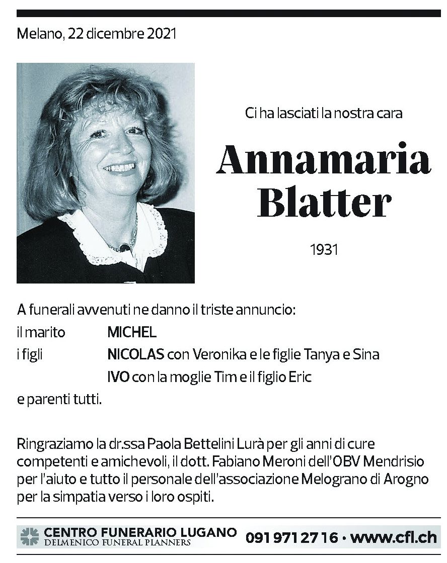 Annuncio funebre Annamaria Blatter