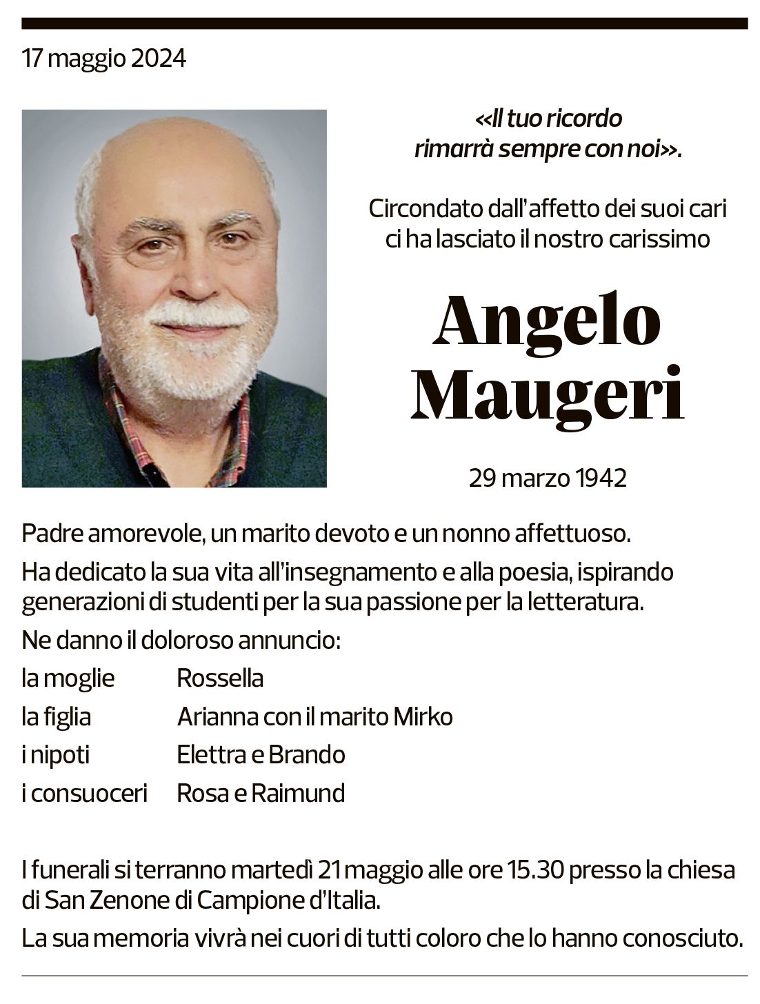 Annuncio funebre Angelo Maugeri