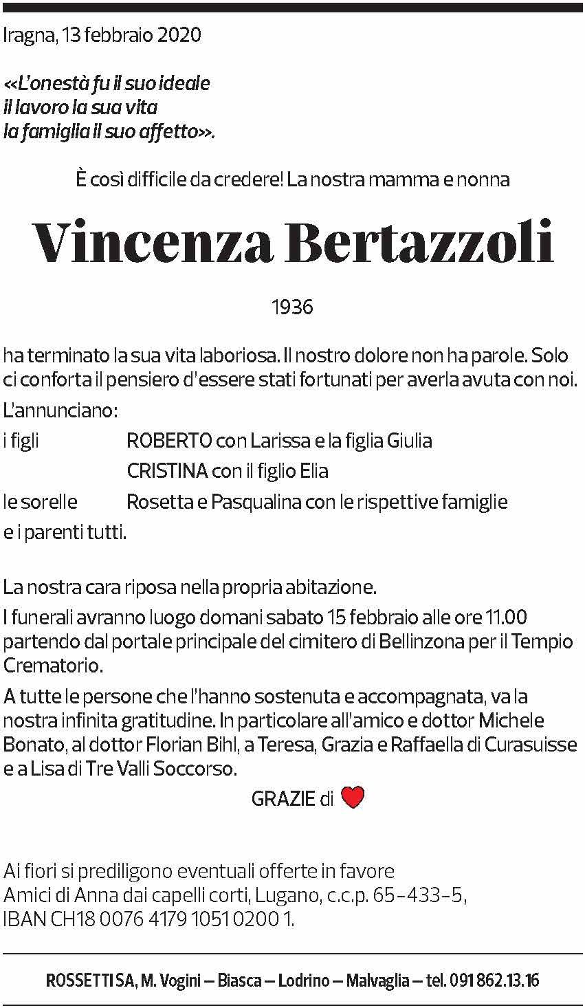 Annuncio funebre Vincenza Bertazzoli