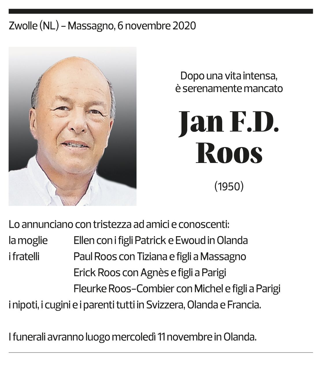 Annuncio funebre Jan F.d. Roos