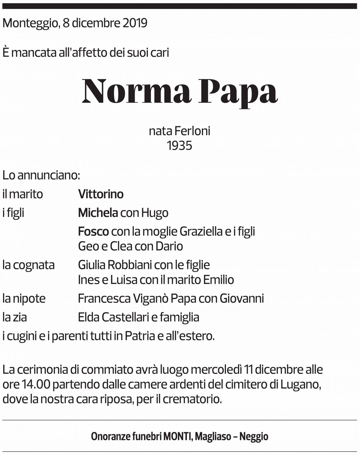 Annuncio funebre Norma Papa