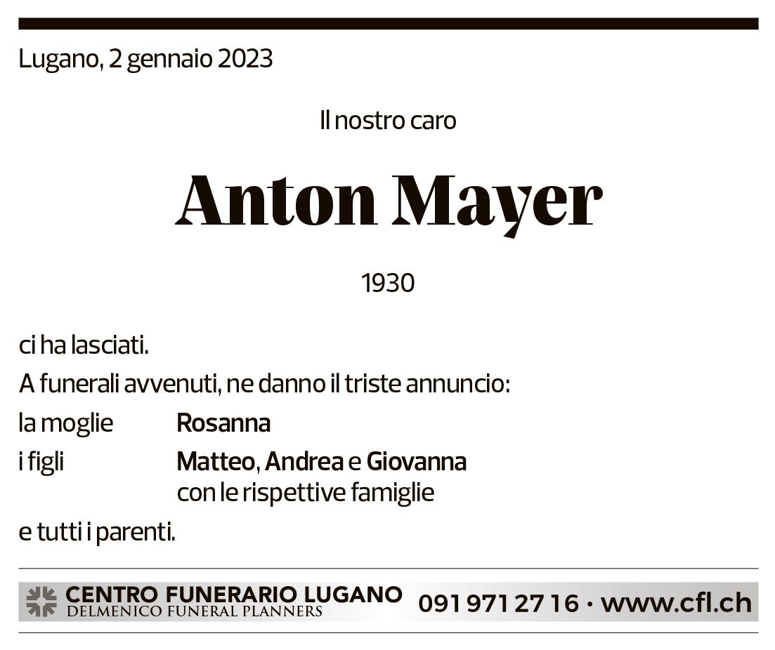 Annuncio funebre Anton Mayer