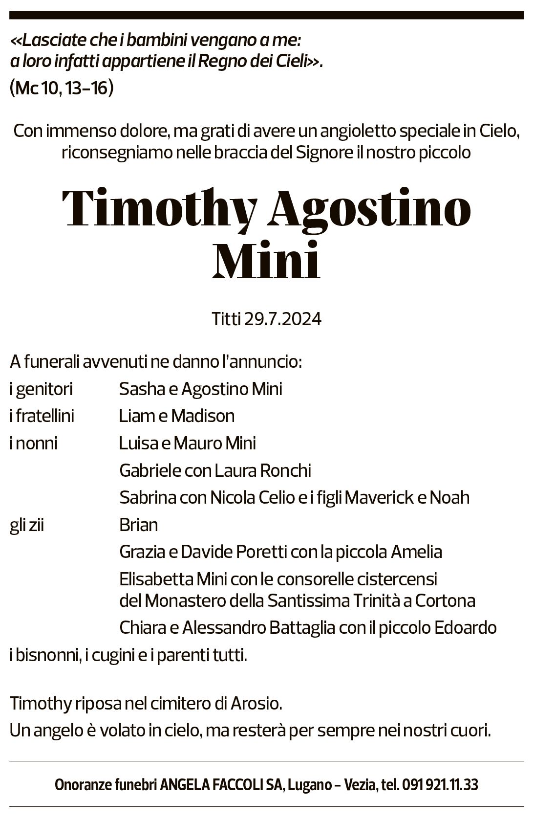 Annuncio funebre Timothy Agostino Mini