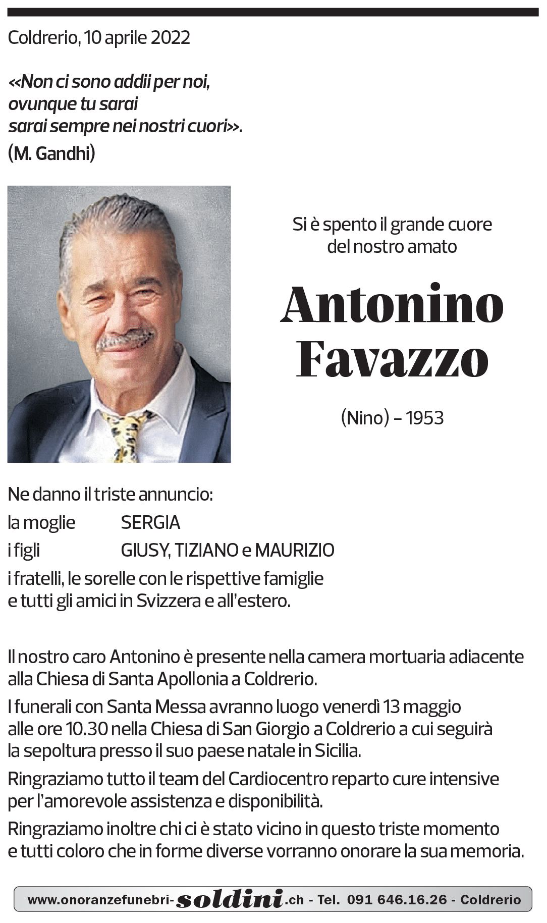 Annuncio funebre Antonino Favazzo