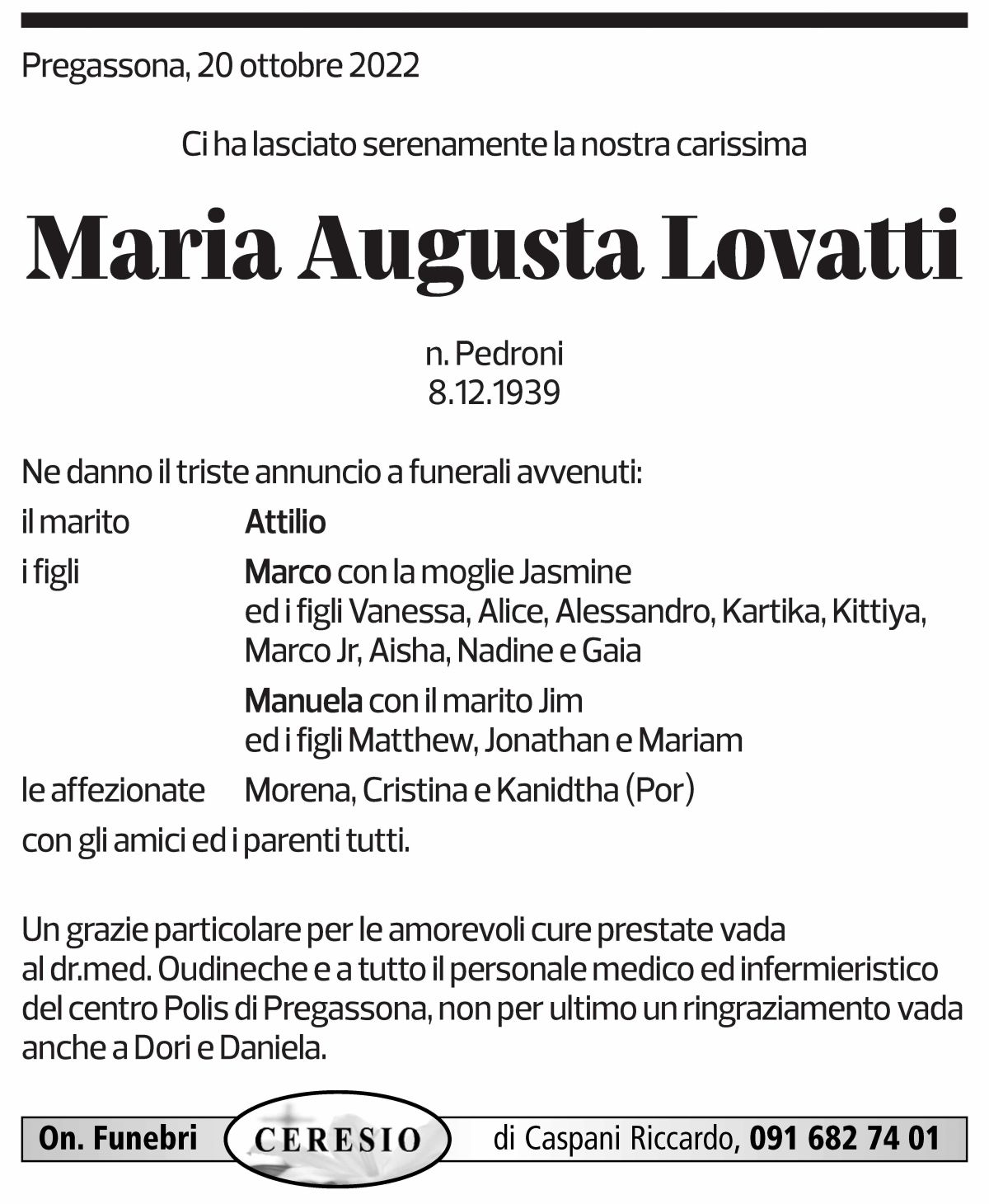 Annuncio funebre Maria Augusta Lovatti