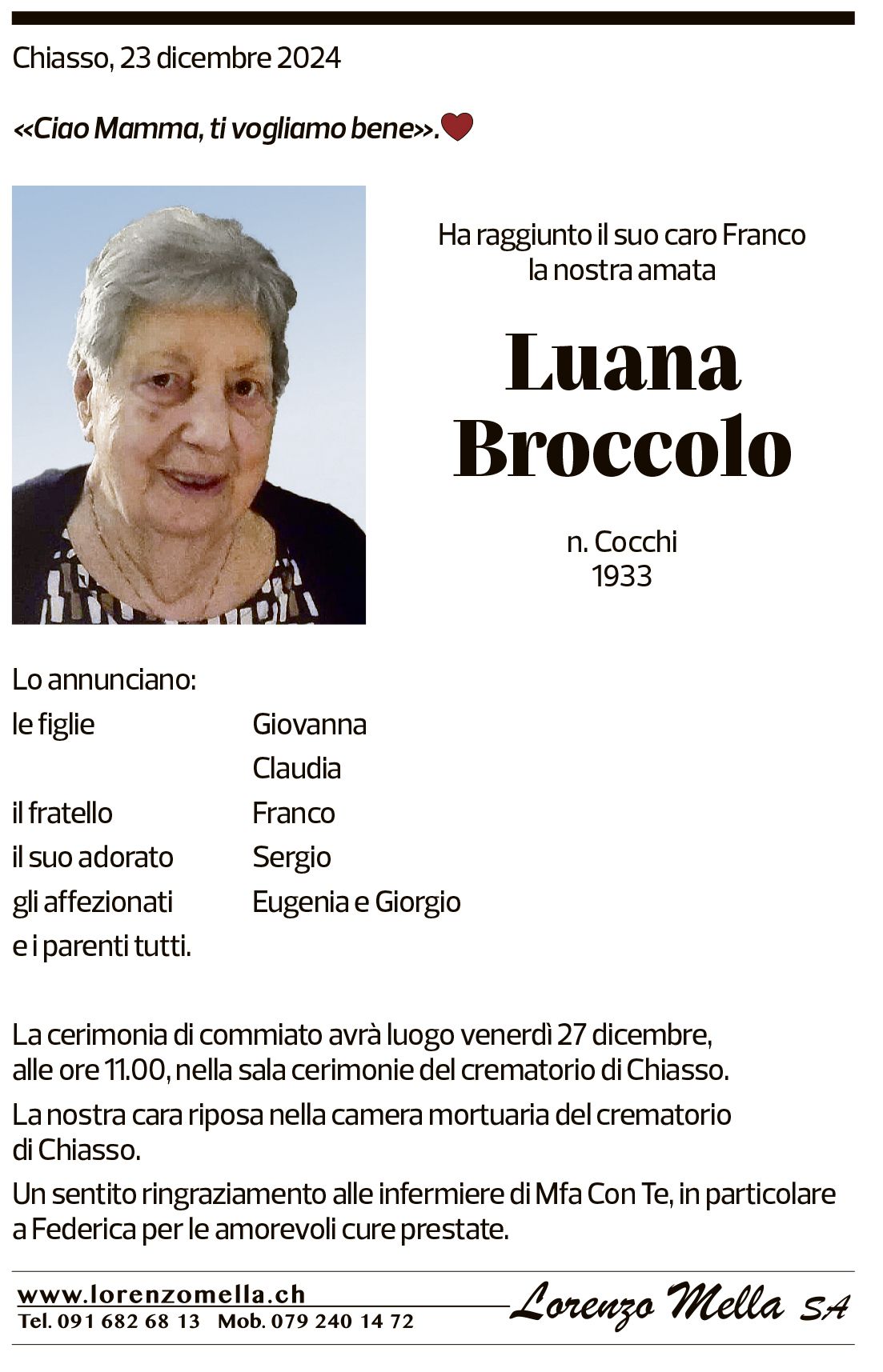 Annuncio funebre Luana Broccolo