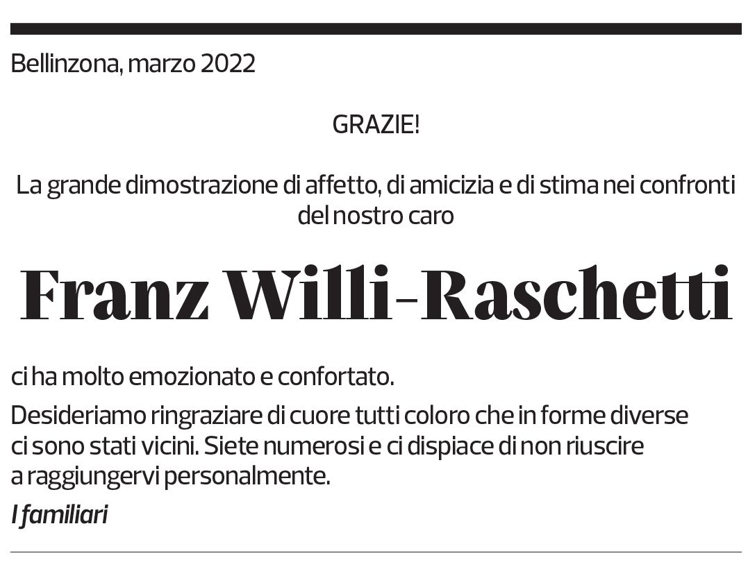 Annuncio funebre Franz Willi-raschetti