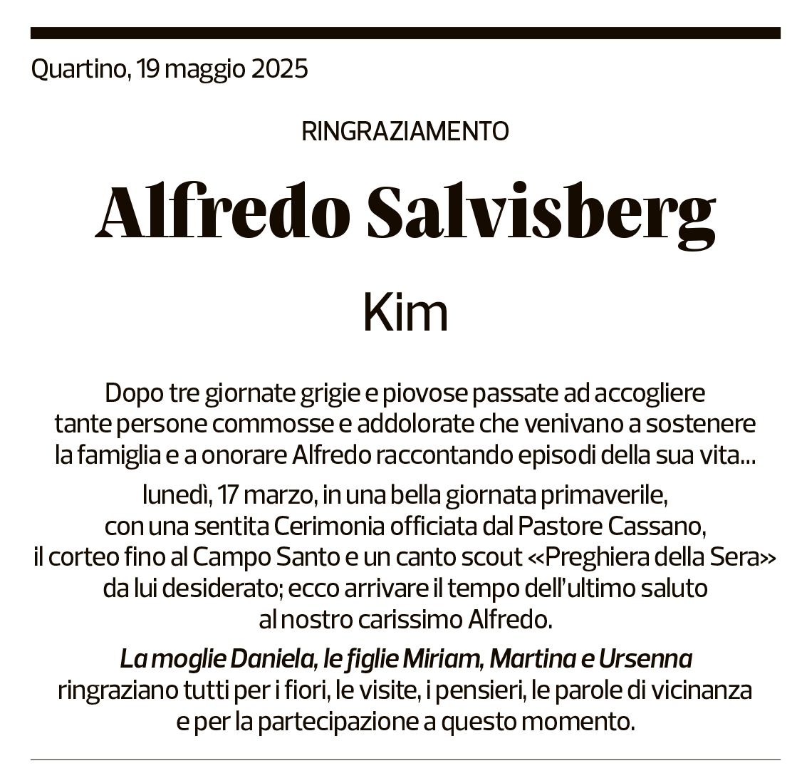 Annuncio funebre Alfredo Salvisberg