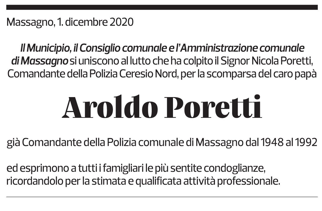 Annuncio funebre Aroldo Poretti