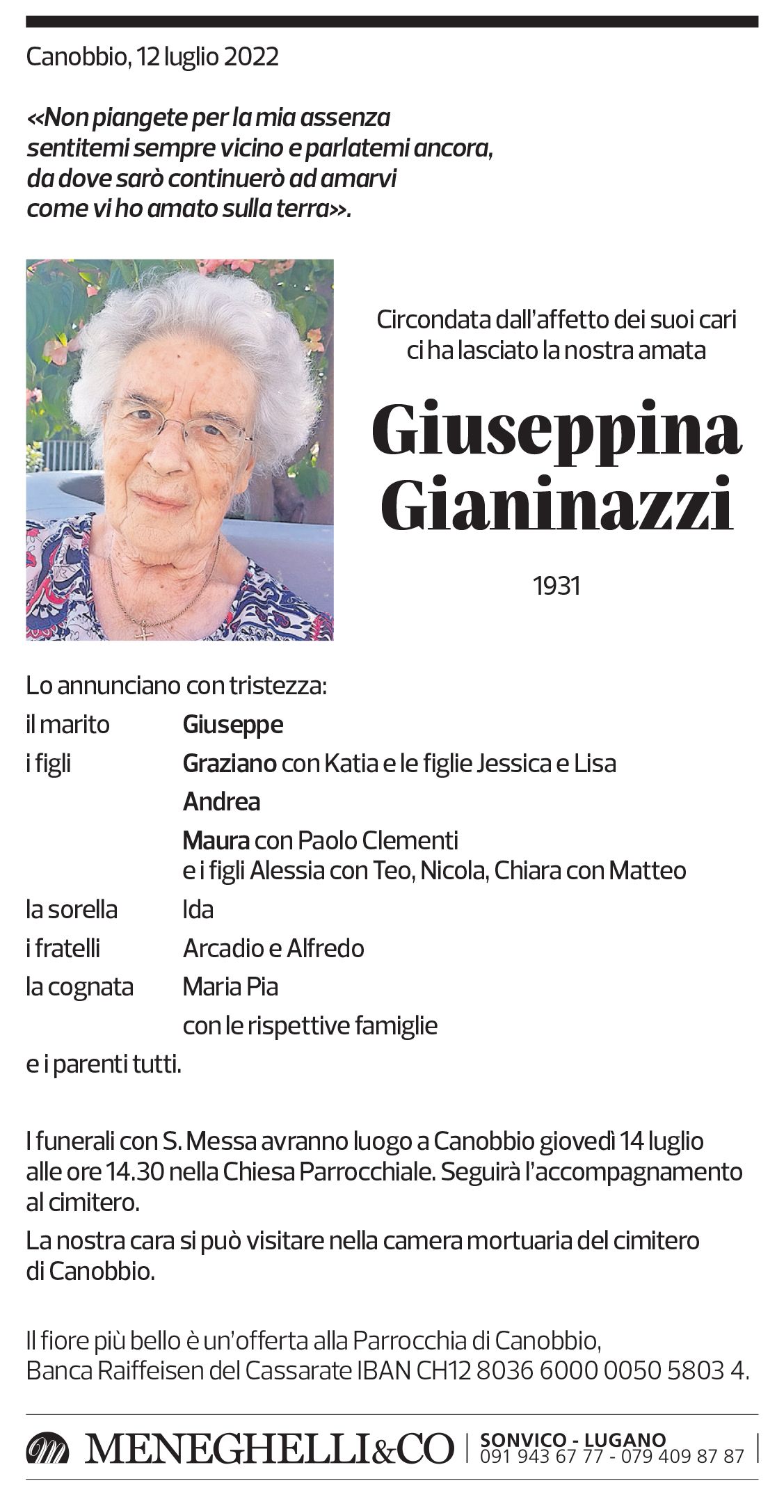 Annuncio funebre Giuseppina Gianinazzi